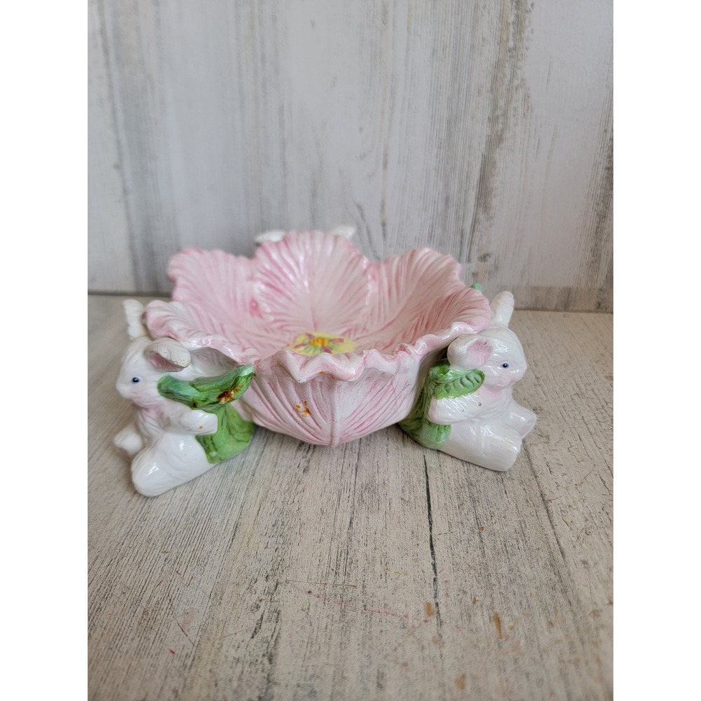 Vintage ceramic easter‎ flower bunny candy dish bowl spring rabbit home decor